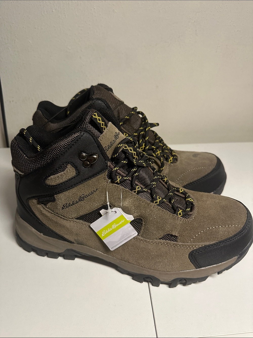 Eddie Bauer Olive-Brown Suede & Black Trail Boots with Yellow Laces